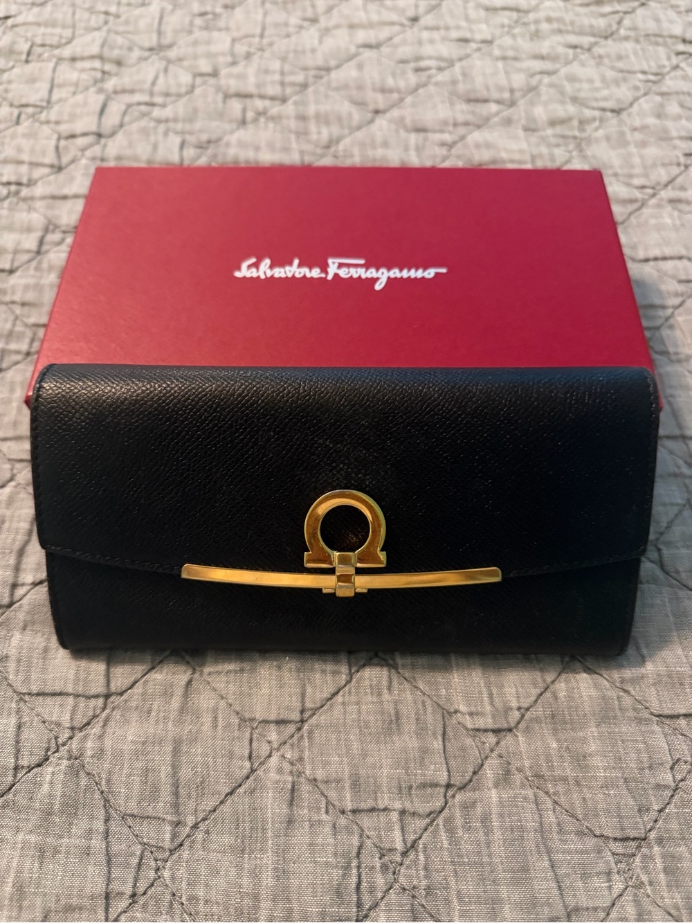 Salvatore Ferragamo Black Leather Wallet with Gold Gancini Bar